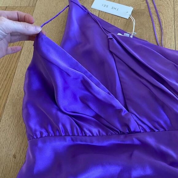 The Sei Asymmetrical Plunge Silk Mini Dress in Purple - Picture 8 of 9